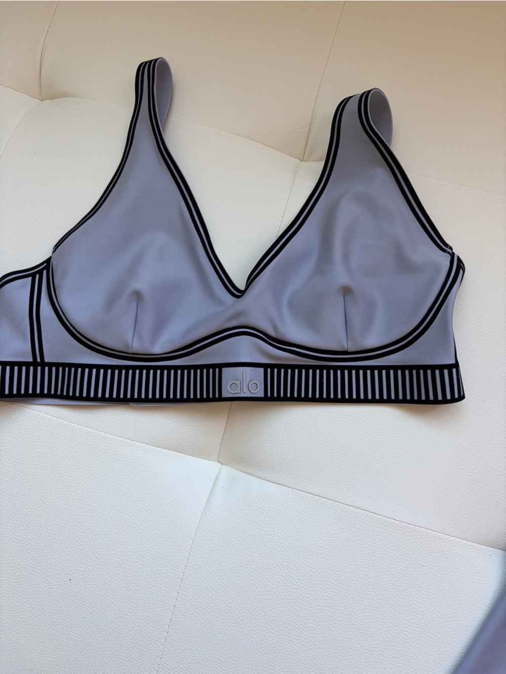 ALO Yoga Light Steel Blue/Gray Bralette Bodysuit Top with Black Trim